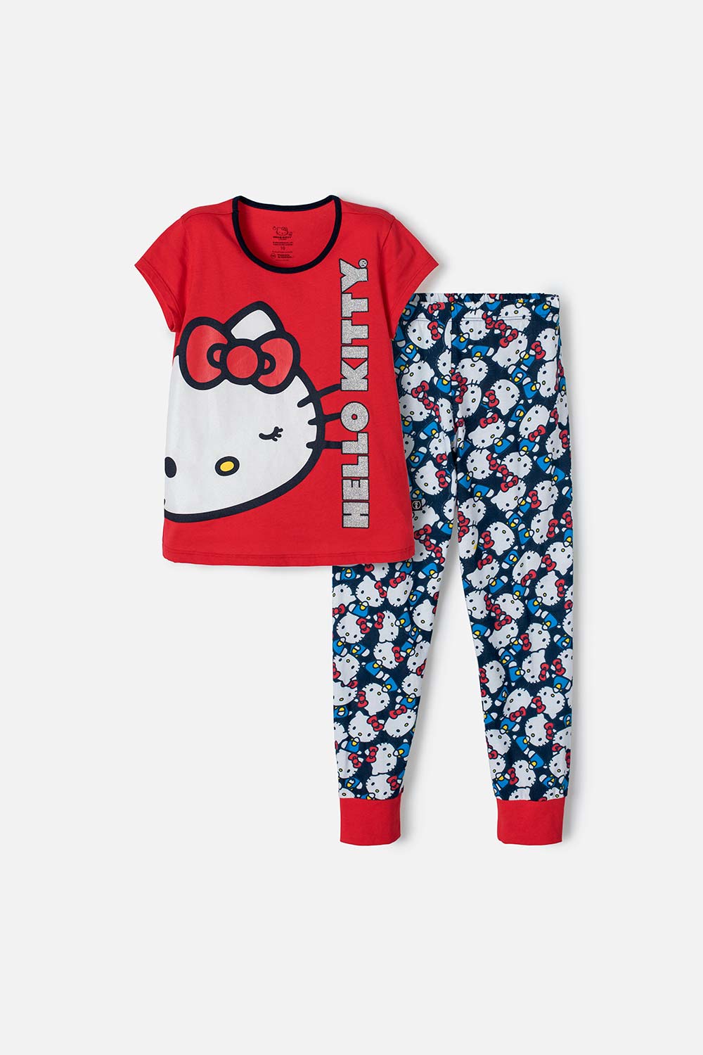 Pijama de Hello Kitty roja y azul de pantalón largo para niña 4-0
